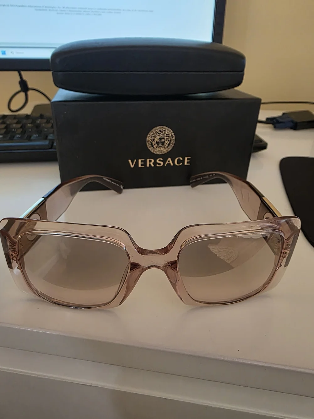 Versace Square Oversized Sunglasses in Blush Transparent Frame